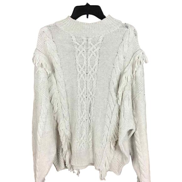 Leith Womens Sweater Small Beige Cream Cable Knit Fringe Mock Neck NWT - Picture 9 of 11